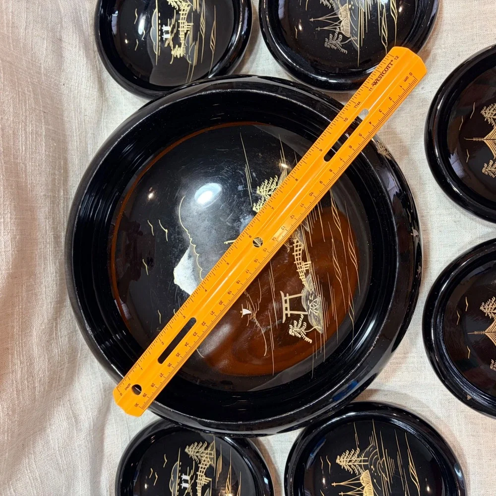 Vintage Japanese Black‎ Lacquerware Bowl Set 7pc Mt Fuji Pagoda Gold Landscape